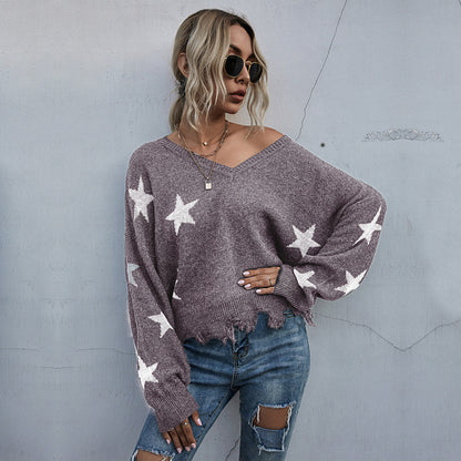 Women's Star Pattern V-Neck Fringe Women's Knit Sweater