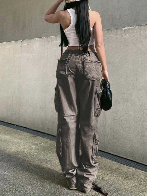 Women's Straight High Waist Loose Wide Leg Retro Daddy Cargo Pants