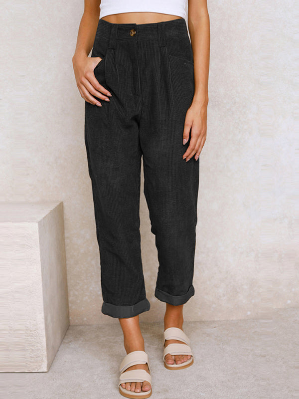 High Waist Lounge Pants Solid Color Corduroy Loose Straight Leg Trousers