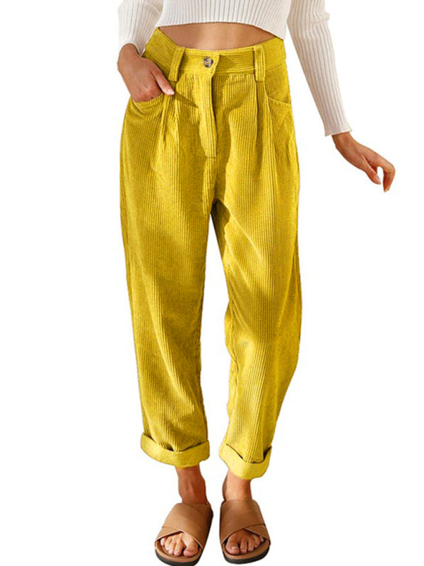 High Waist Lounge Pants Solid Color Corduroy Loose Straight Leg Trousers