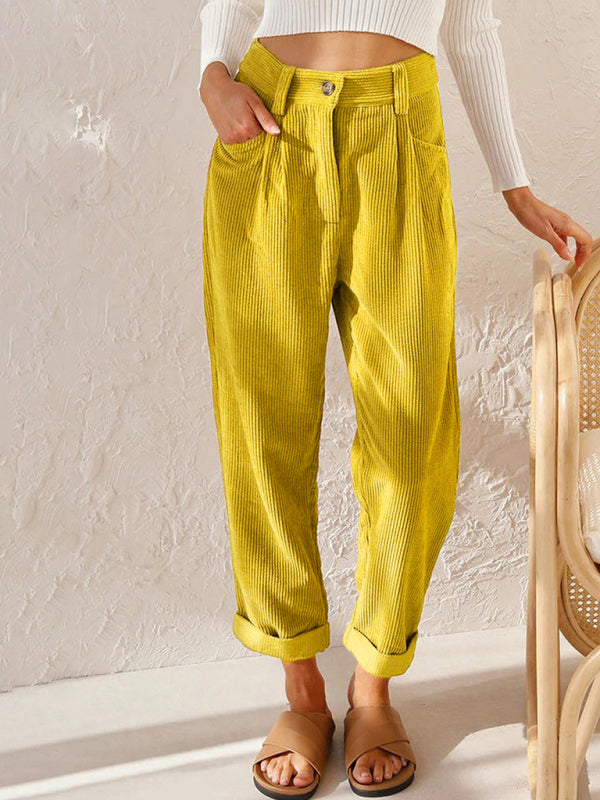 High Waist Lounge Pants Solid Color Corduroy Loose Straight Leg Trousers