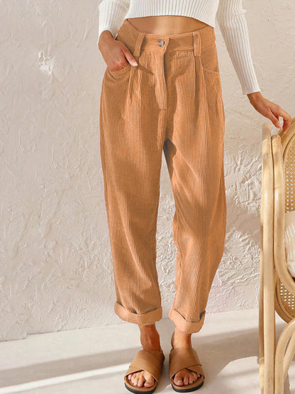 High Waist Lounge Pants Solid Color Corduroy Loose Straight Leg Trousers