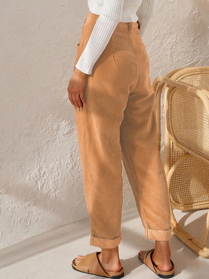 High Waist Lounge Pants Solid Color Corduroy Loose Straight Leg Trousers