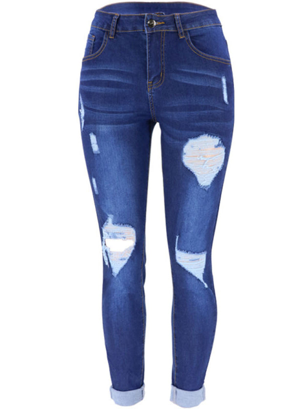 Women's trendy fashion ripped washed jeans