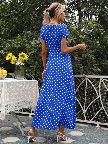 Casual Waist Short Sleeve Polka Dot Slit Dress