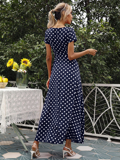 Casual Waist Short Sleeve Polka Dot Slit Dress