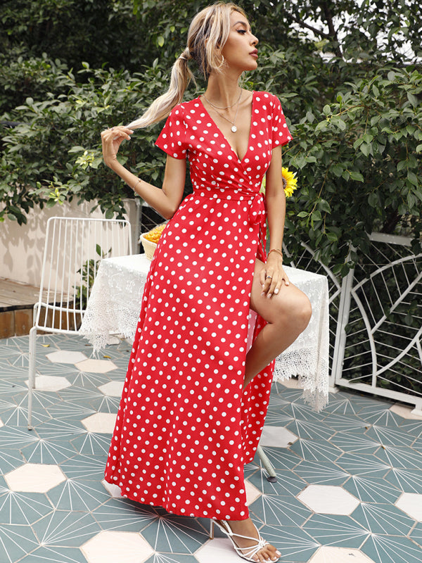 Casual Waist Short Sleeve Polka Dot Slit Dress