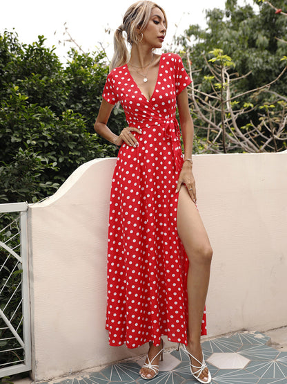 Casual Waist Short Sleeve Polka Dot Slit Dress