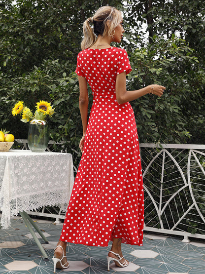 Casual Waist Short Sleeve Polka Dot Slit Dress