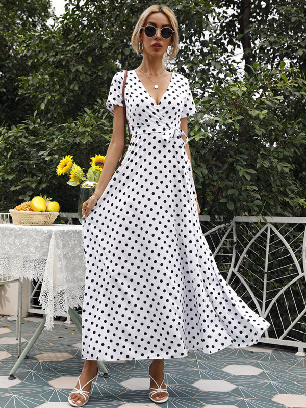 Casual Waist Short Sleeve Polka Dot Slit Dress