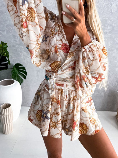 Women's woven floral long-sleeved shorts V-neck tropical rainforest jumpsuit