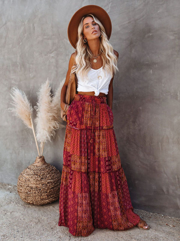 New Bohemian style skirt European and American loose casual high waist long skirt