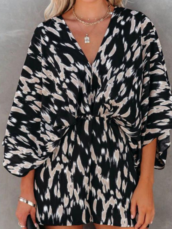 New Elegant Casual Fashion Printed Waist Short Sleeve Jumpsuit