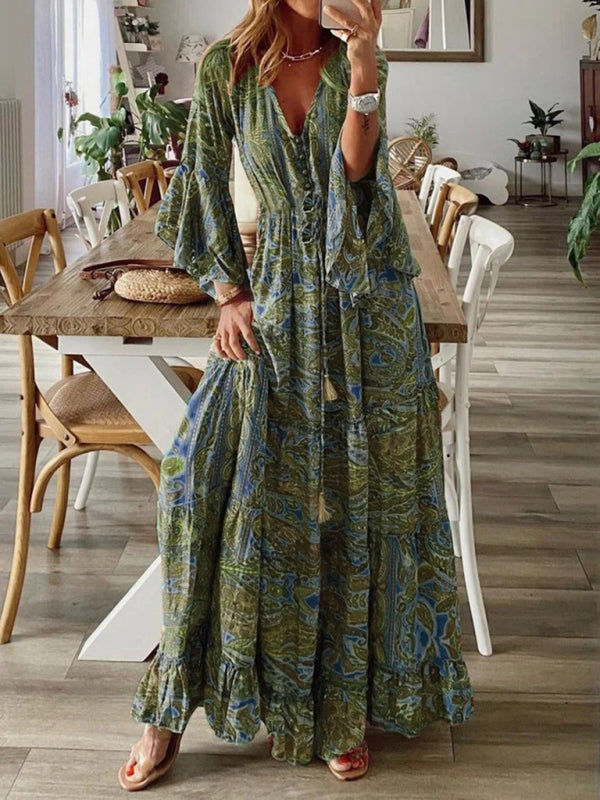 Bohemian style trumpet sleeve printed V-neck high waist holiday dress floral female long skirt