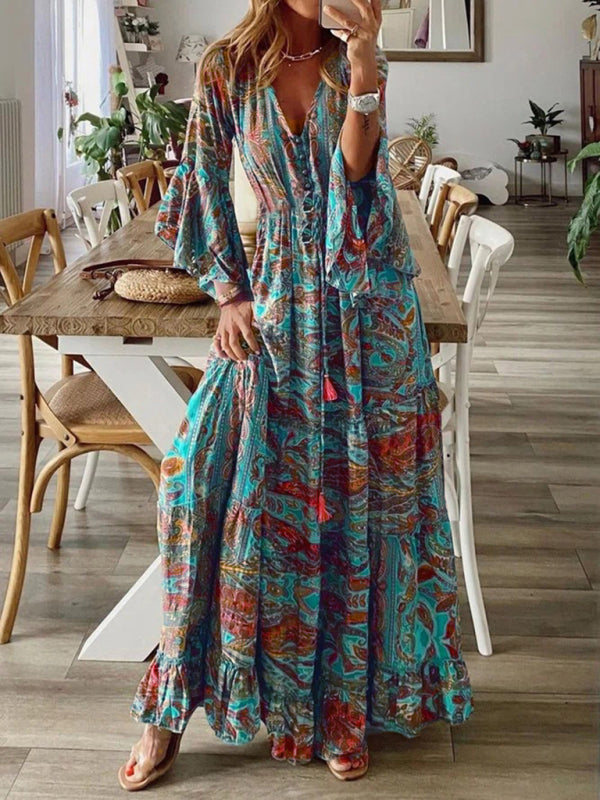 Bohemian style trumpet sleeve printed V-neck high waist holiday dress floral female long skirt