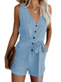 Women's Woven Fashion V-Neck Button-Up Sleeveless Jumpsuit