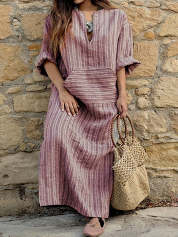 New cotton and linen yarn-dyed striped loose long dress