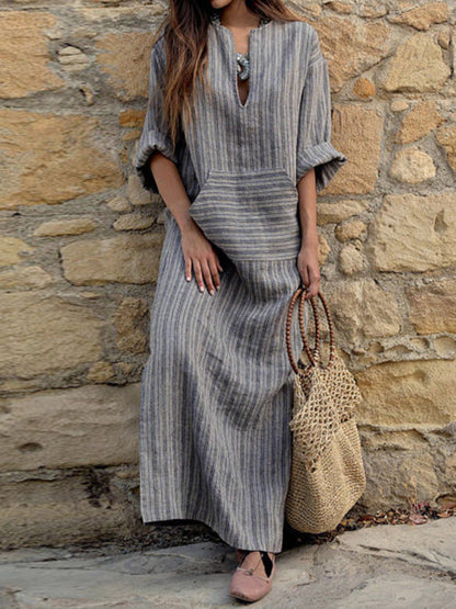 New cotton and linen yarn-dyed striped loose long dress