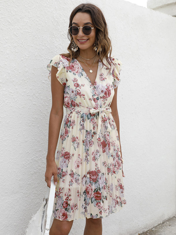 European station elegant casual V-neck waist tie floral print dress