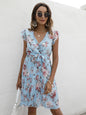 European station elegant casual V-neck waist tie floral print dress