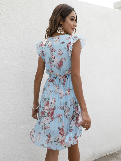 European station elegant casual V-neck waist tie floral print dress