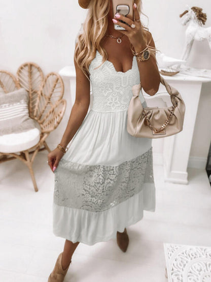 New European and American sexy sleeveless lace stitching dress long skirt