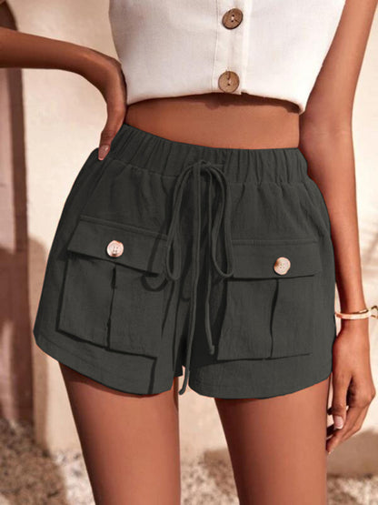 Cargo Shorts Pocket Loose Mid Rise Drawstring Straight Leg Pants