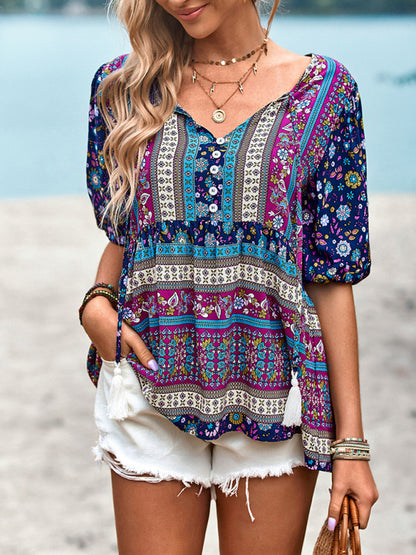 Bohemian Print Button Up Women's Blouse