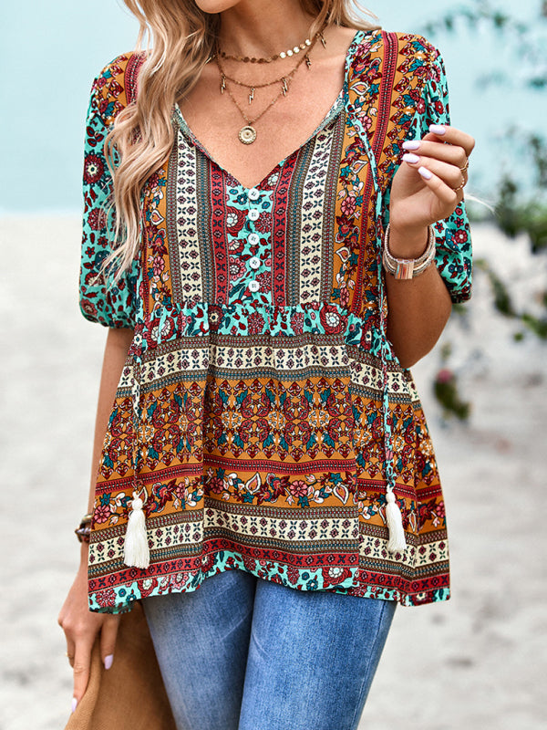 Bohemian Print Button Up Women's Blouse