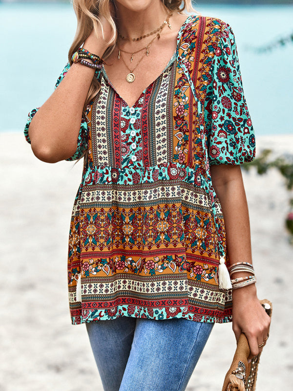 Bohemian Print Button Up Women's Blouse