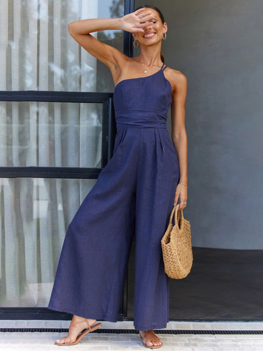 New casual, comfortable and refreshing sleeveless waistless backless loose wide-leg jumpsuit