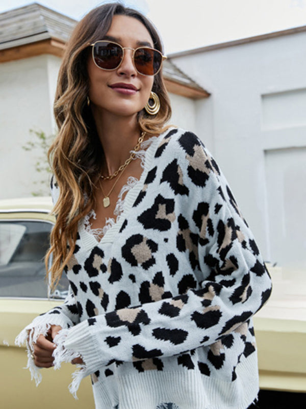 Leopard Print Distressed Knit Sweater