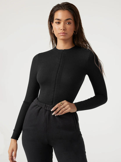 Zippered placket sexy long sleeves bodysuit