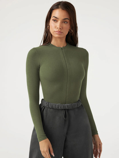 Zippered placket sexy long sleeves bodysuit