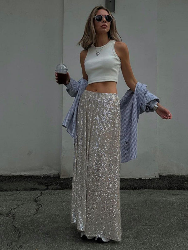 New women's street fashion long sexy hottie sequined skirt