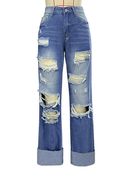 Women's high waist ripped straight leg street style long jeans