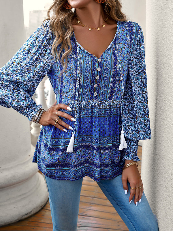 Women's positioning printed button bohemian top