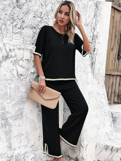 Women's casual color-blocked short-sleeved trousers knitted two-piece set