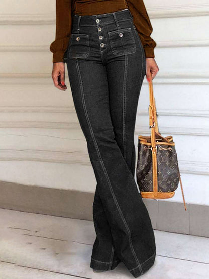 Women's new stretch slim fit spliced high waist flared denim trousers