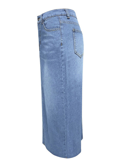 New front slit denim high waist a line mid length skirt