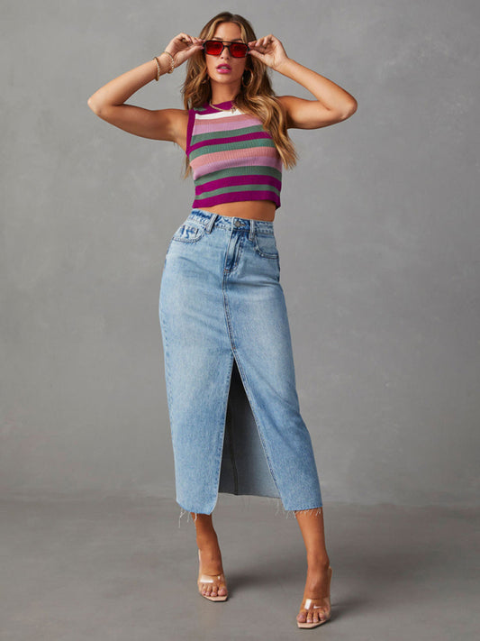 New front slit denim high waist a line mid length skirt