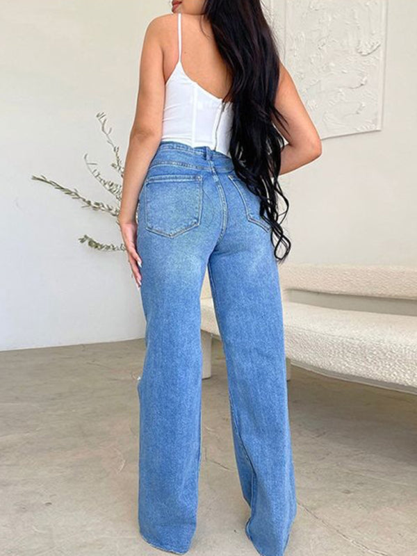 Women's long high waist ripped raw edge comfortable wide leg jeans