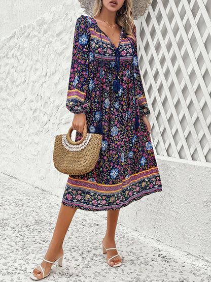 Women's Casual Resort Printed Bohemian Long Sleeve Dress