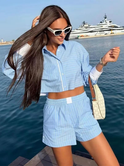 Fashionable contrast striped short shirt + shorts two-piece set