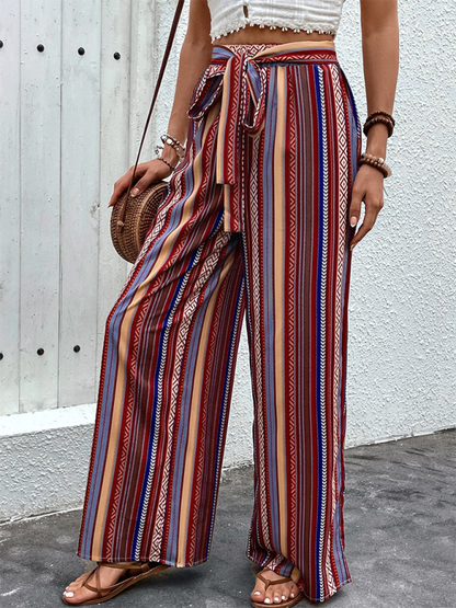 New loose striped high waist elastic wide leg pants