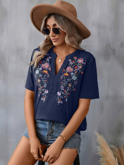 New women's fashion embroidery stitching lace top