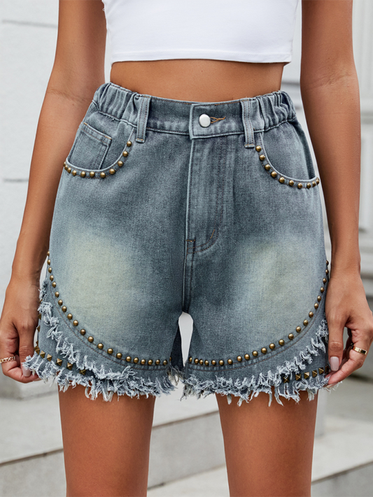 Ladies new washed casual denim rivet raw edge shorts