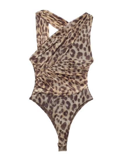 New Asymmetric Pleated Leopard-Print Tulle Bodysuit