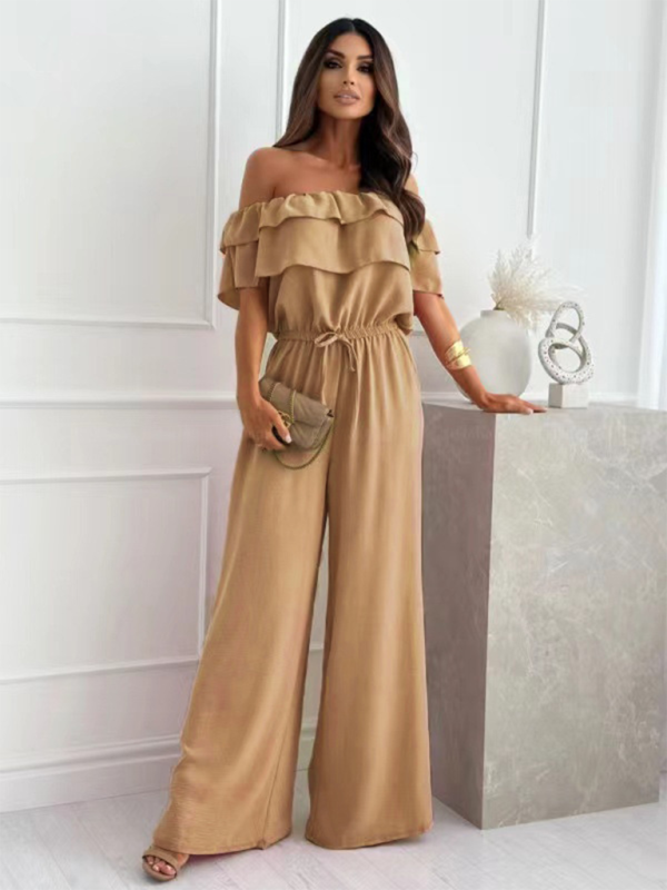 One-piece collar casual solid color waisted jumpsuit