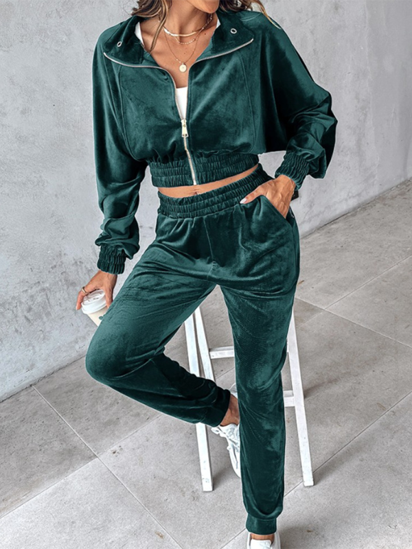 New solid color leisure sports gold velvet long-sleeved pants suit